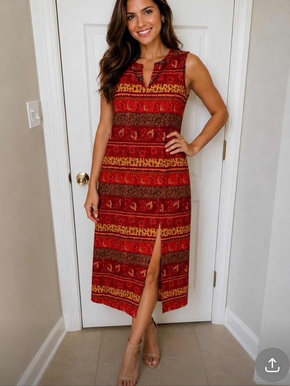 Sag Harbor Vintage Sleeveless Red and Gold Patterned Dress Sz8